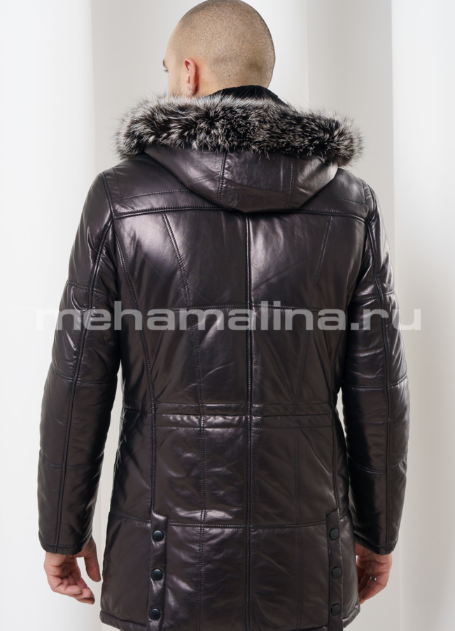Кожаный пуховик удлиненный модель № ПМ-57 в рассрочку