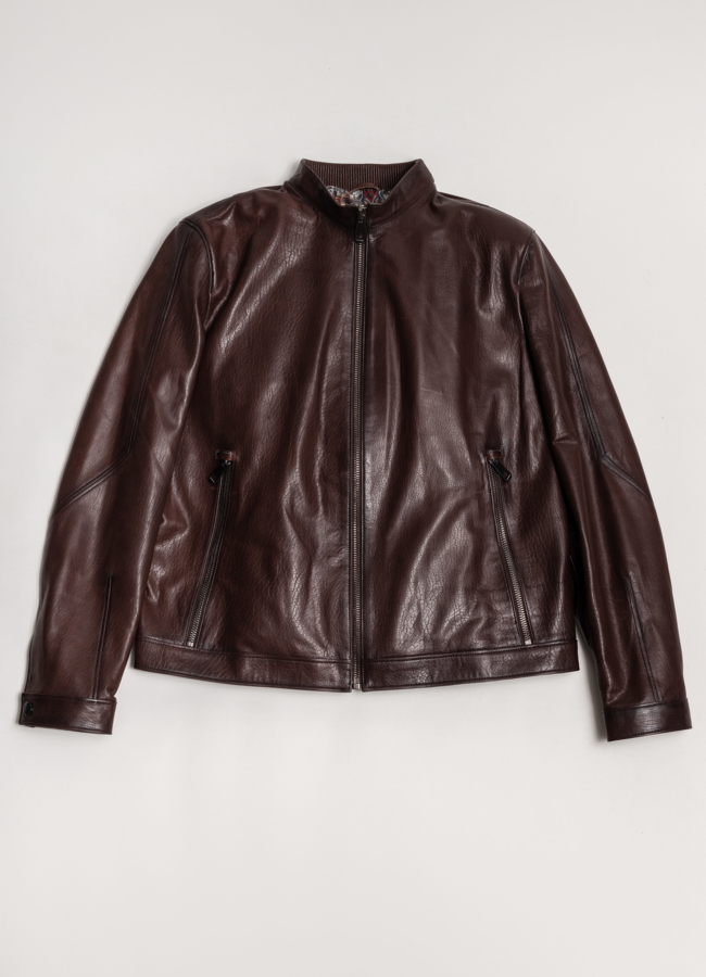 Куртка кожаная коричневого цвета модель № 8014 меха малина