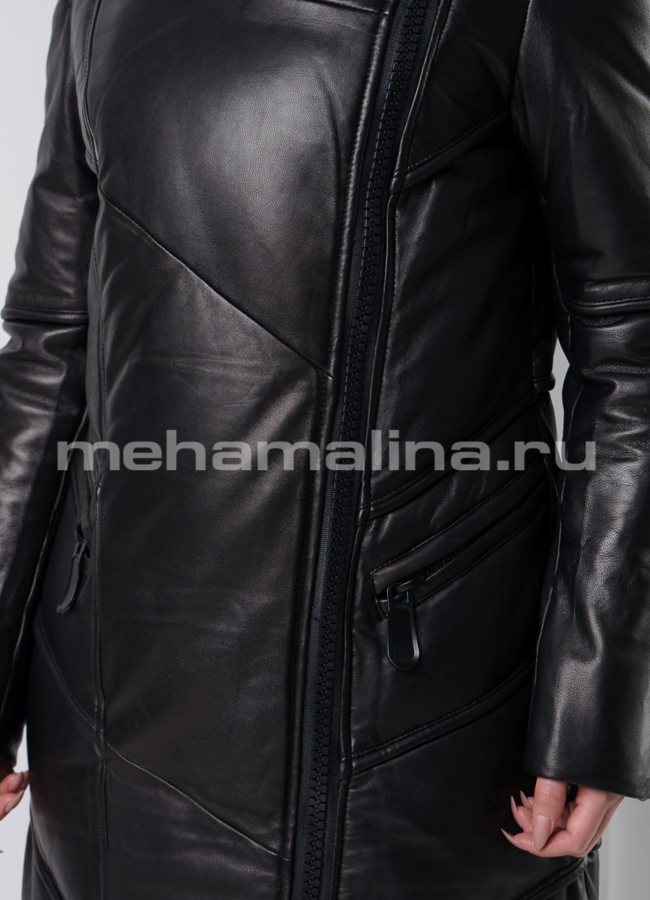 Утепленное кожаное пальто модель № K-385 универмаг малина