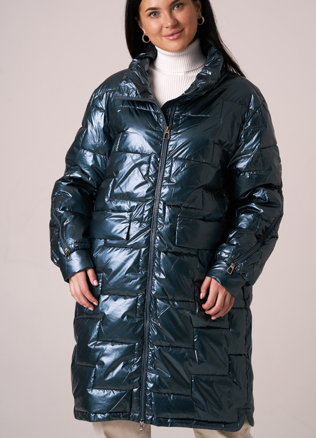 фото Плащ в цвете синий металлик  прямого силуэта модель № А-48