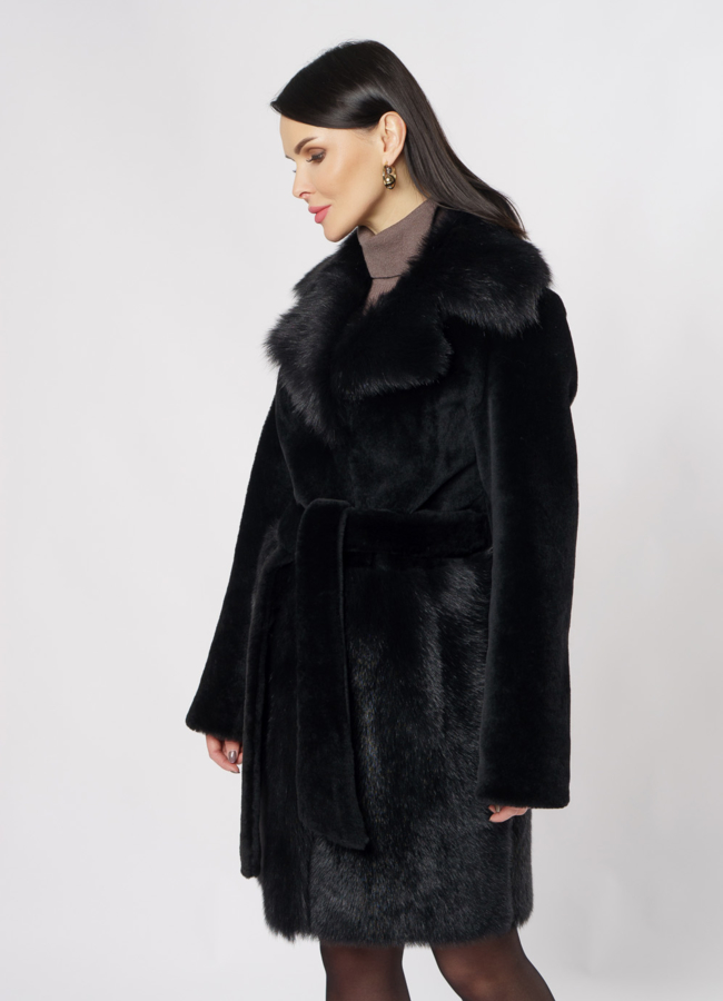 Дубленка черного цвета с английским воротником модель № 1416-86 универмаг малина