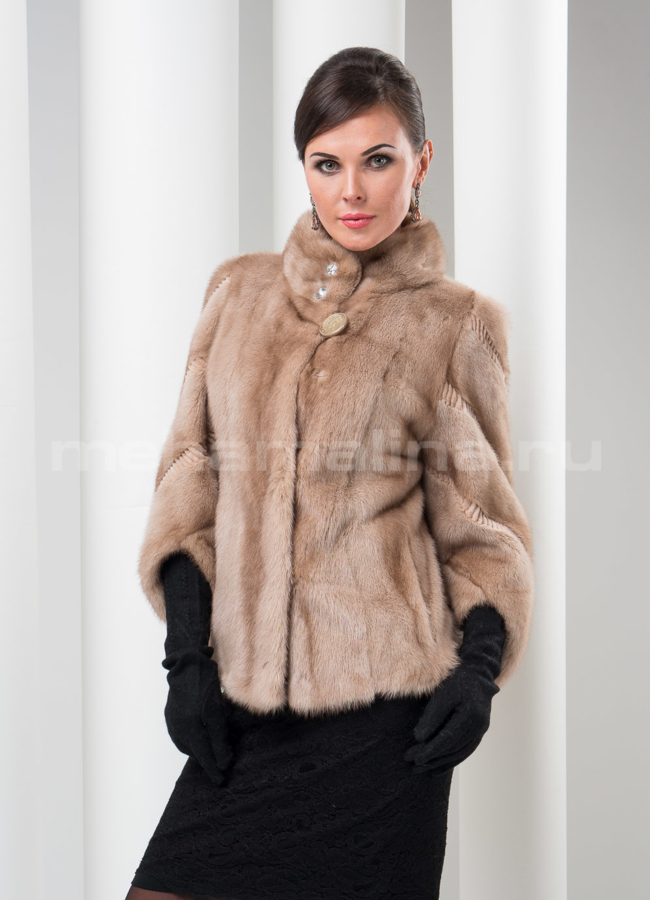 Шуба норка стойка, цвет пудра модель № S-162 меха малина