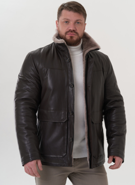 Пуховик из натуральной кожи с капюшоном