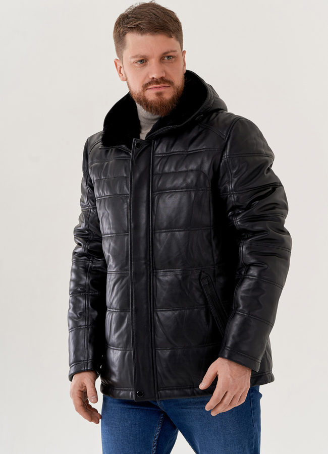 Мужской пуховик из натуральной кожи с капюшоном  модель № 79613 меха малина