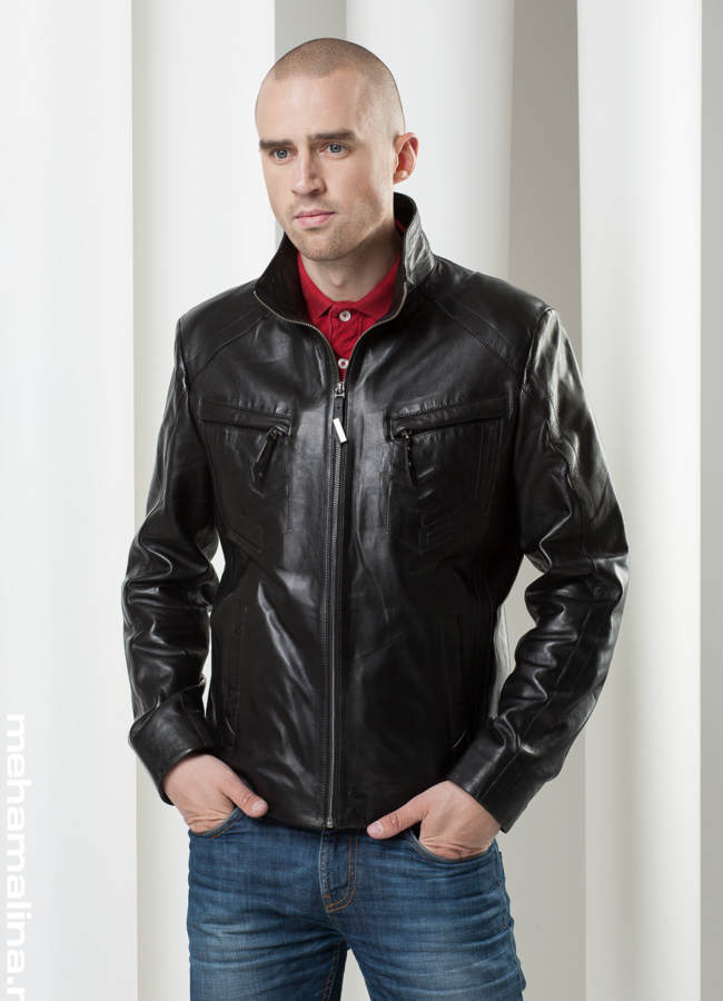 Кожаная куртка на молнии модель № KP-67 меха малина