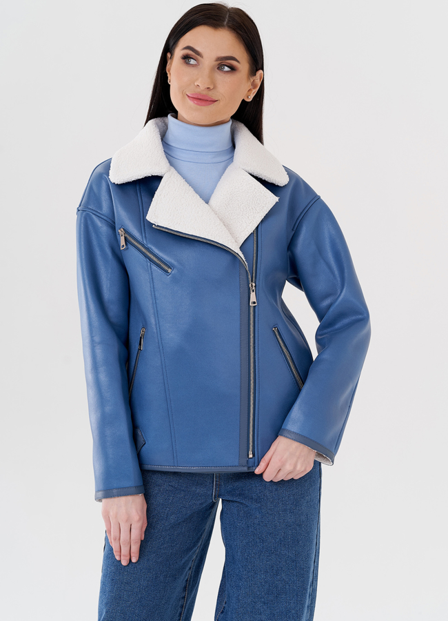 Женская короткая эко дубленка в голубом цвете модель № 24314 универмаг малина