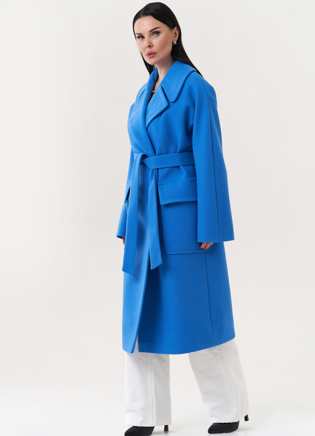 Пальто голубого цвета с английским воротником модель № 26841 в кредит
