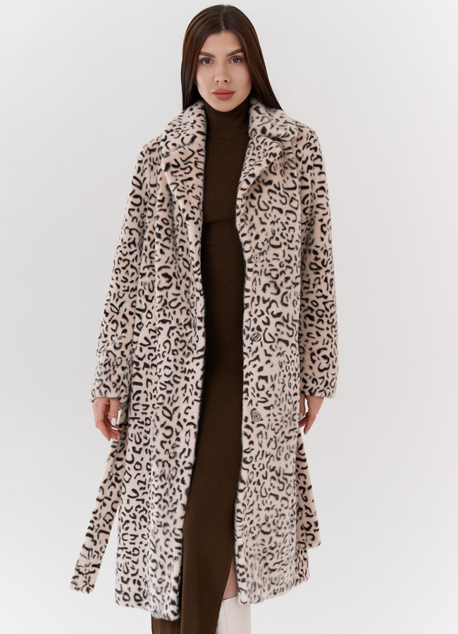 Женское пальто в бежевом цвете с анималистическим принтом модель № 24115 универмаг малина