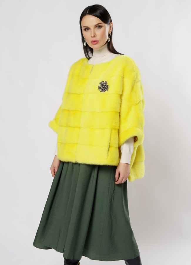 Куртка из норки желтого цвета на молнии модель № S-880 меха малина