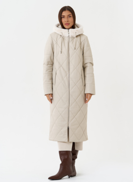 Женский стеганый пуховик из эко кожи с капюшоном