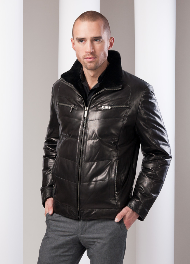 Кожаный пуховик модель № ПМ-32 меха малина Кожаный пуховик модель № ПМ-32 меха малина