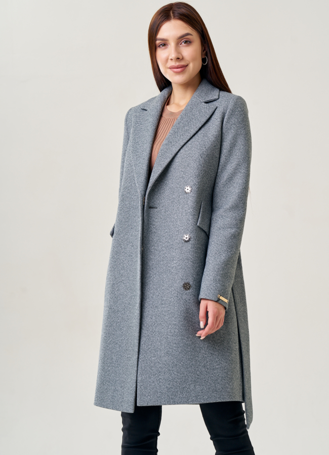 Женское пальто серого цвета с поясом модель № 75566 в рассрочку