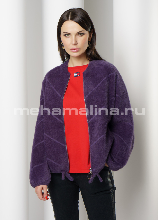 Укороченное пальто на молнии из микроворса модель № 1920 меха малина