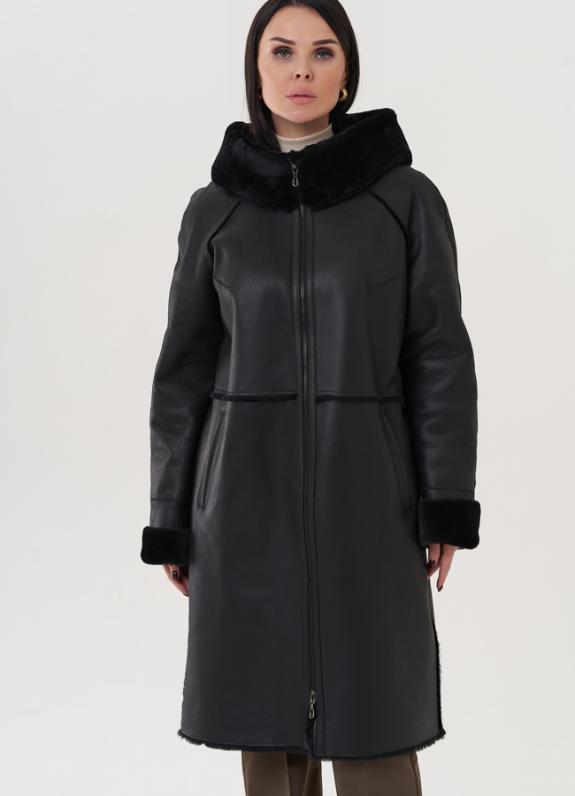 Дубленка женская с капюшоном  модель № 25915 меха малина