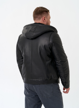 Мужской пуховик из натуральной кожи с капюшоном