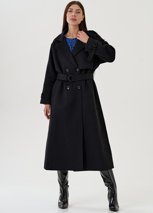 Удлиненное классическое черное пальто модель № 81822 в рассрочку