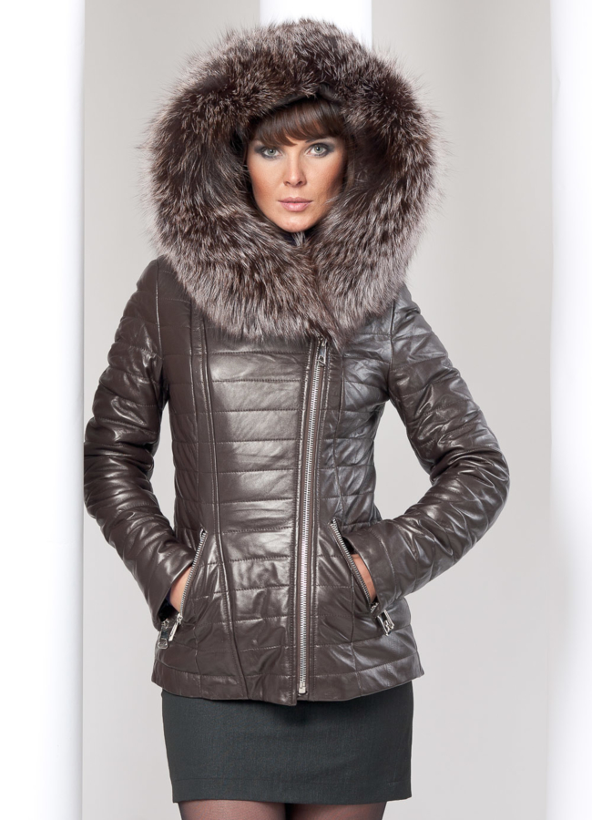 Кожаная куртка с песцом модель № K-1 меха малина