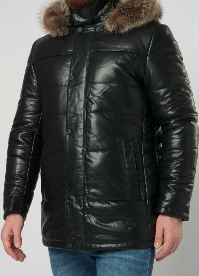 Мужской пуховик из эко кожи с капюшоном и отделкой из енота модель № 21967 универмаг малина