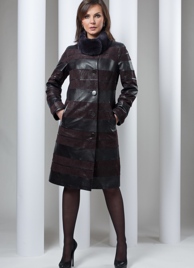Кожаный плащ в поперечной раскладке кожа/замша модель № K-76 меха малина