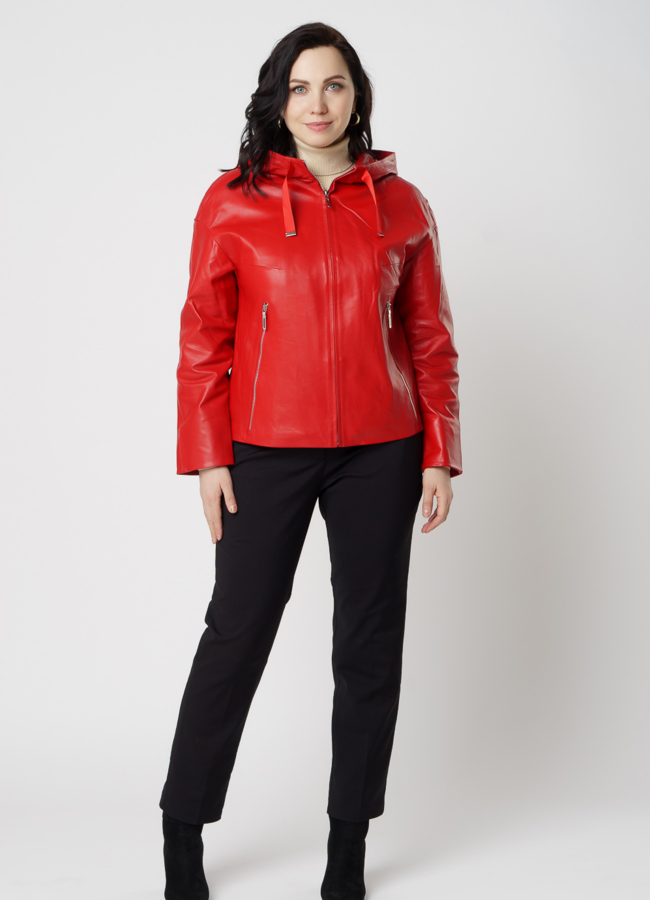 фото Красная кожаная куртка с капюшоном модель № 91208