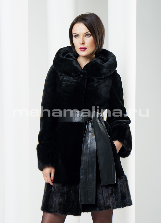 фото Шуба мутон с норкой, цвет черный модель № S-211