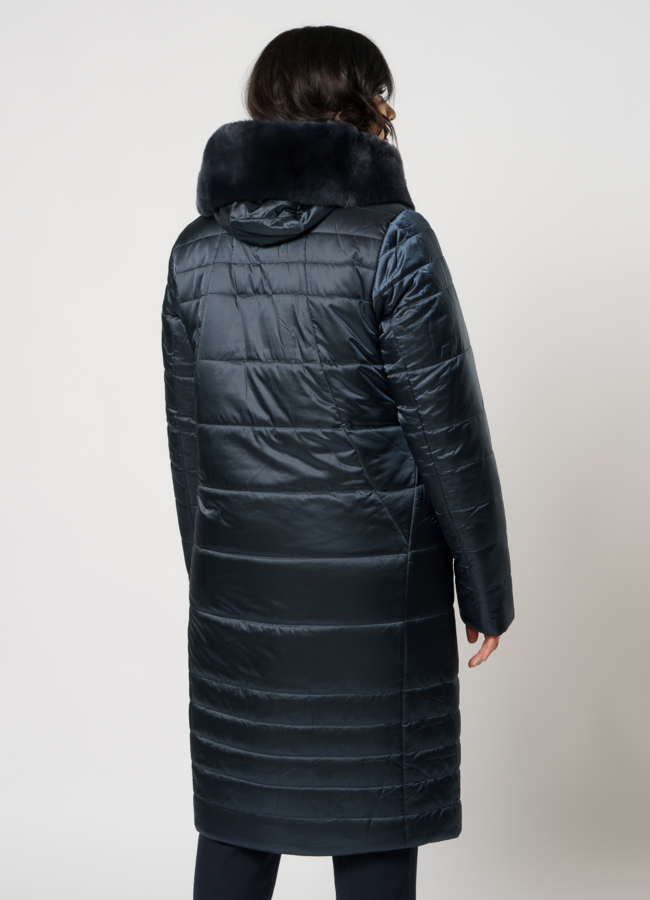 Пуховик на поясе с капюшоном, отделка кролик модель № 1963 в кредит