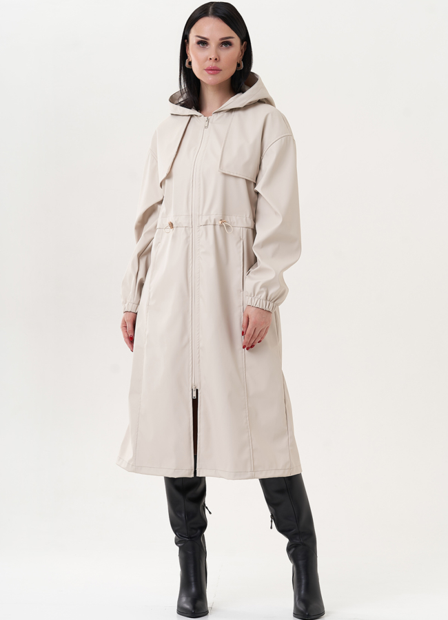 фото Плащ бежевого цвета с капюшоном  модель № 26801