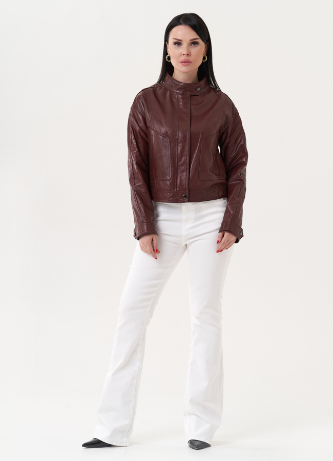 фото Куртка бордового цвета из натуральной кожи модель № 27221