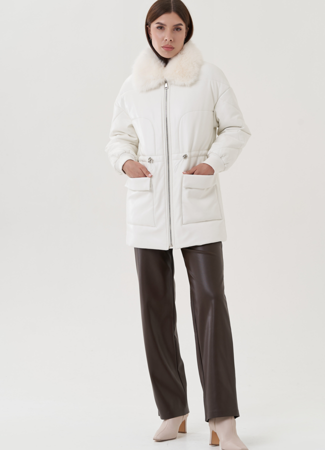 Куртка утепленная из эко кожи с отделкой из меха песца модель № 25497 меха малина