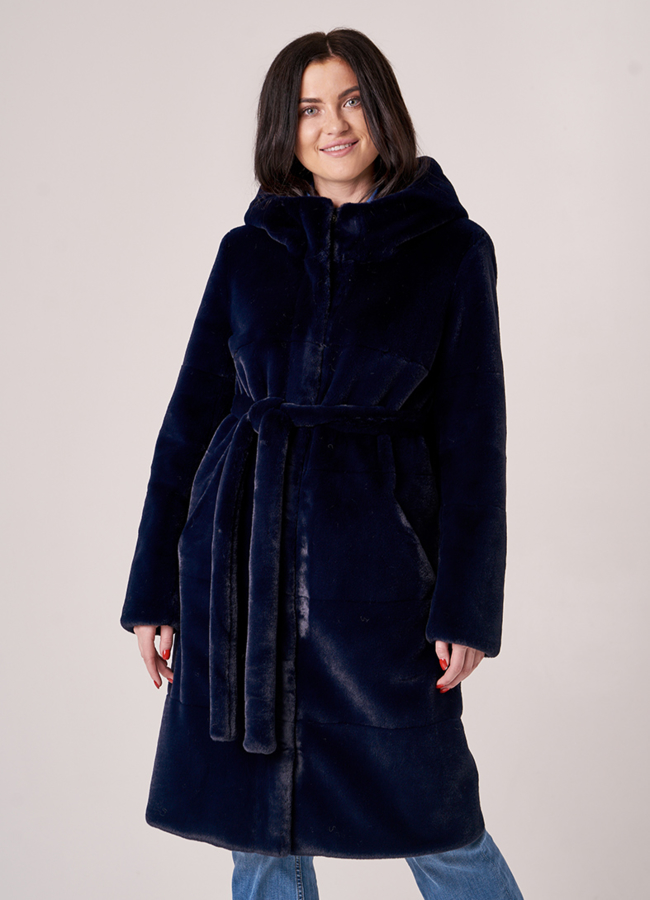 Шуба синяя из эко меха с капюшоном модель № 19009 меха малина