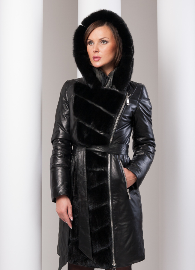 Кожаный пуховик с норочкой модель № П-16 меха малина