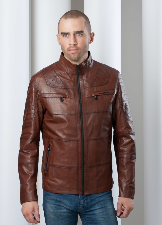 Кожаная куртка строченная, воротник-стойка модель № KP-37 в кредит