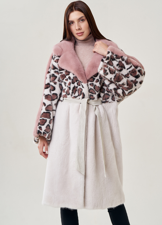 Женская шуба из скандинавской норки с принтом леопард модель № 23080 меха малина