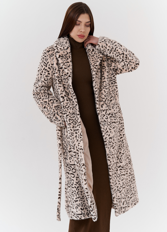 Женское пальто в бежевом цвете с анималистическим принтом модель № 24115 универмаг малина