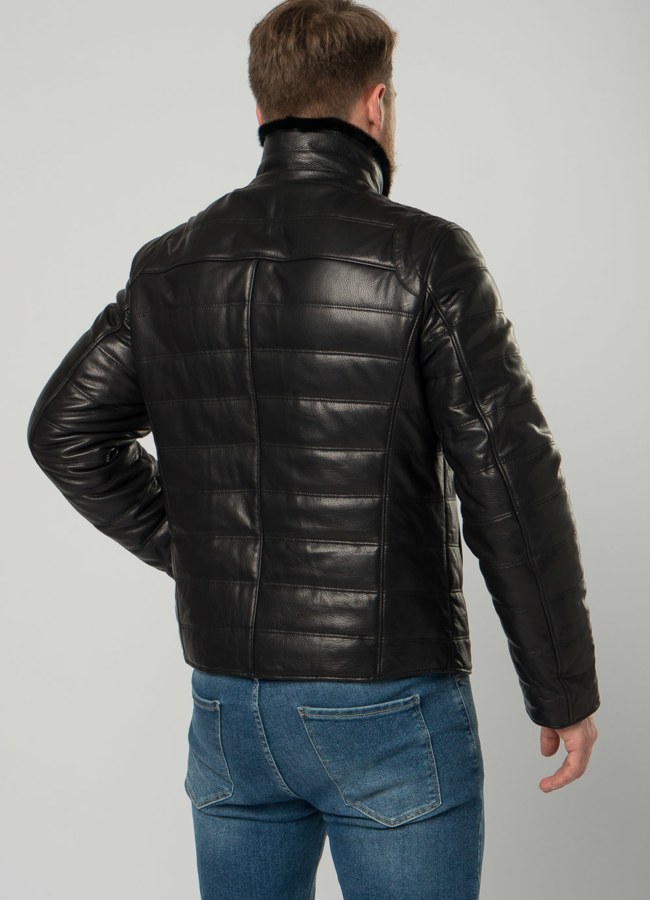 Мужской пуховик из натуральной кожи с воротником стойкой модель № 20025 в кредит