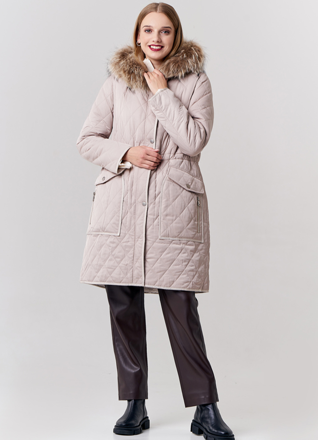 Двусторонняя парка с капюшоном бежевого цвета модель № 21132 меха малина