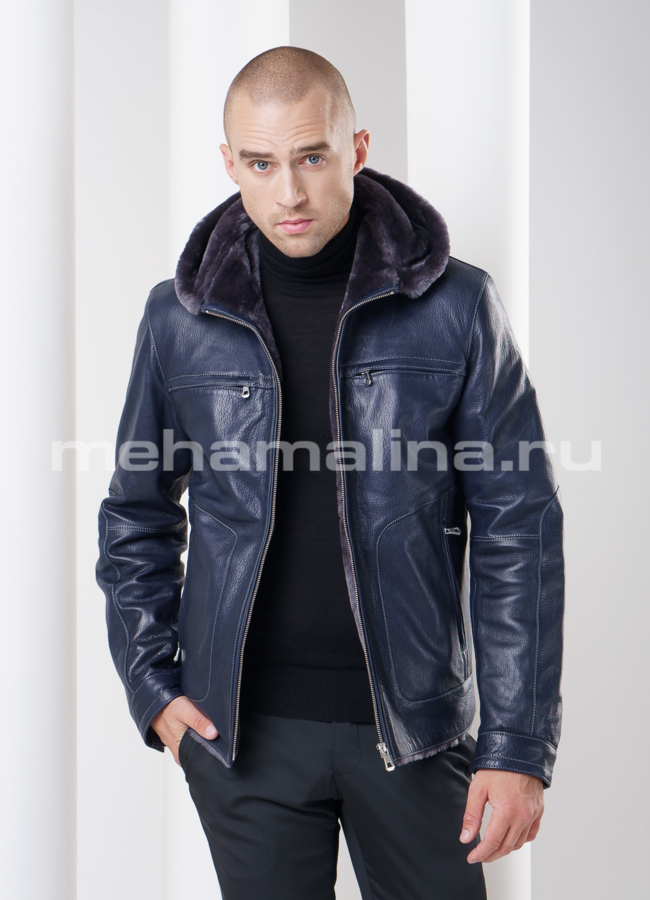 Дубленка с капюшоном, цвет синий модель № DM-74 меха малина