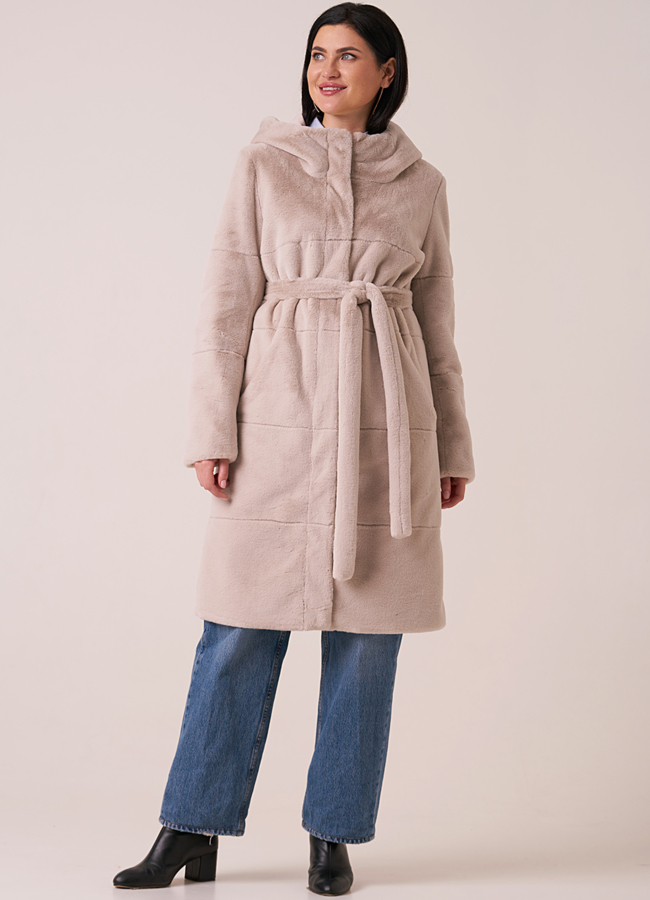 Двусторонняя эко шуба из искусственного меха с капюшоном на поясе модель № 1062 универмаг малина