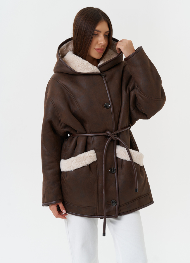 Дубленка из эко кожи с капюшоном модель № 28530 в рассрочку