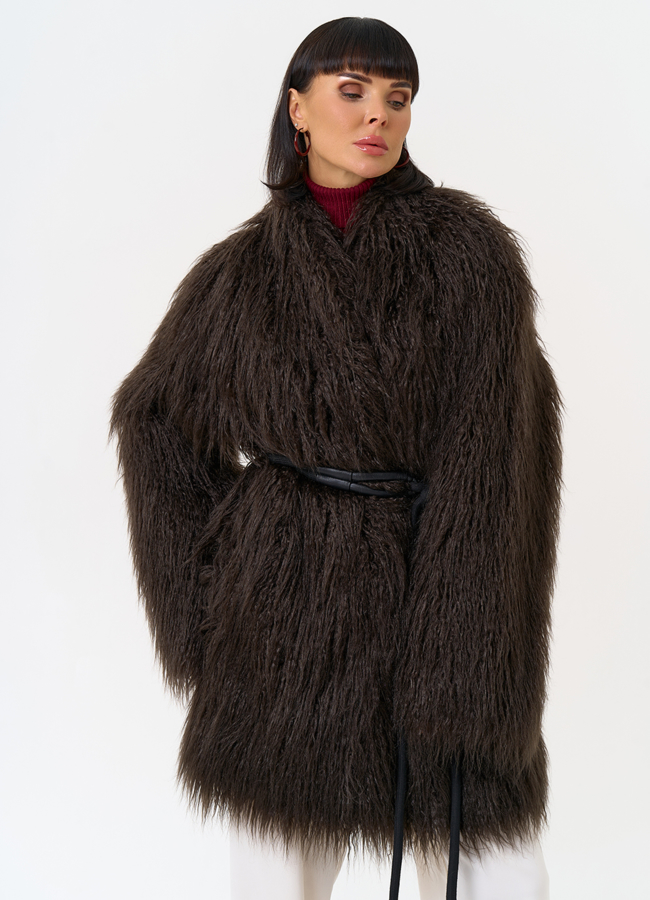 Женская шуба из эко меха коричневого цвета модель № 31530 меха малина Женская шуба из эко меха коричневого цвета модель № 31530 меха малина
