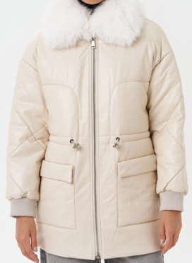 Пуховик из эко кожи с мехом песца