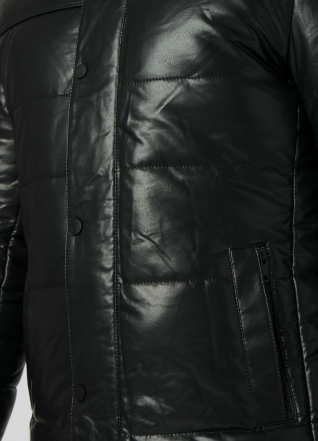 Мужской пуховик из эко кожи с капюшоном и отделкой из енота модель № 21967 универмаг малина