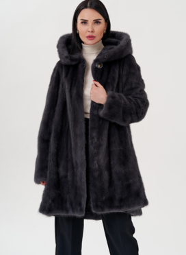 Норковая шуба балетка, в цвете графит с капюшоном
