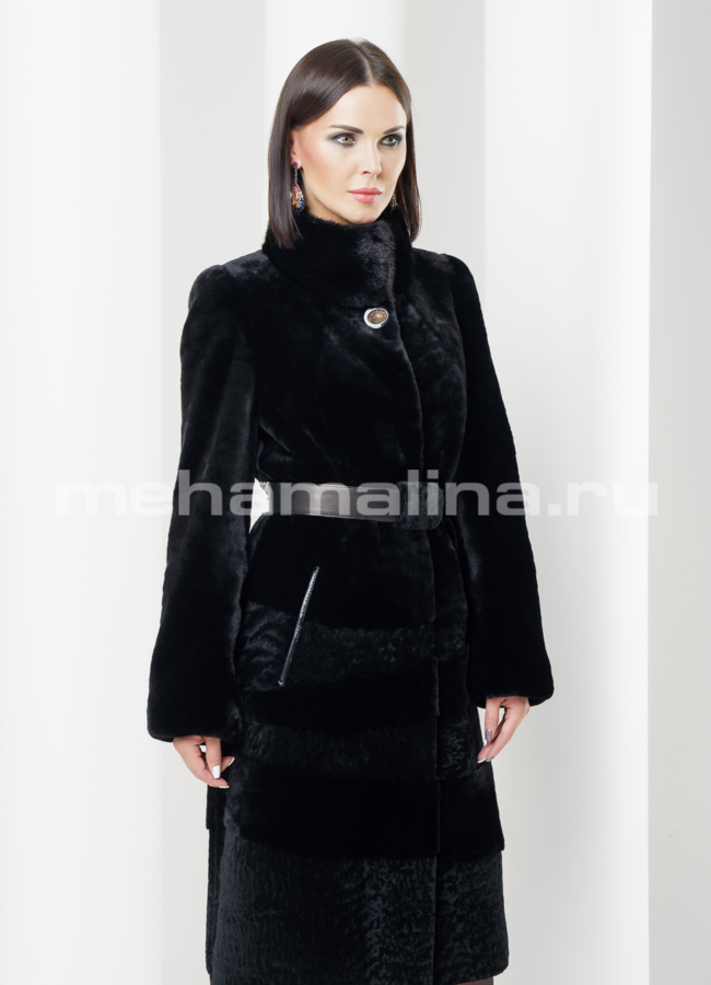 Шуба из мутона, воротник стойка модель № S-428 универмаг малина