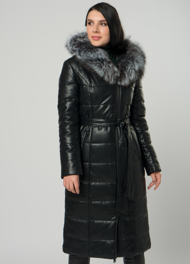 Длинный пуховик из эко кожи с мехом модель № 63676 универмаг малина