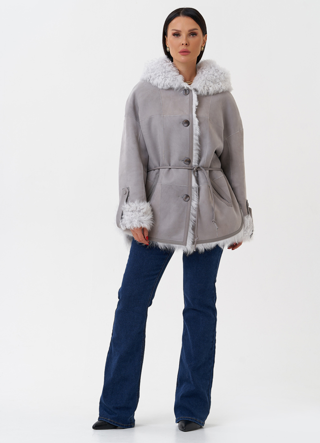 фото Женская натуральная дубленка с капюшоном модель № 28953