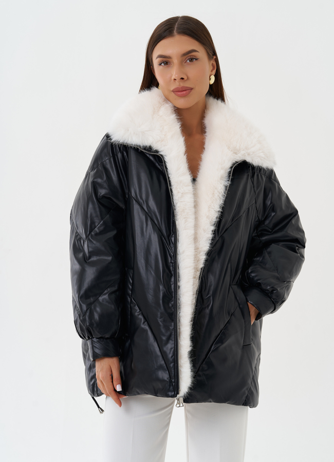 Пуховик из эко кожи с воротником из эко меха модель № 25468 универмаг малина