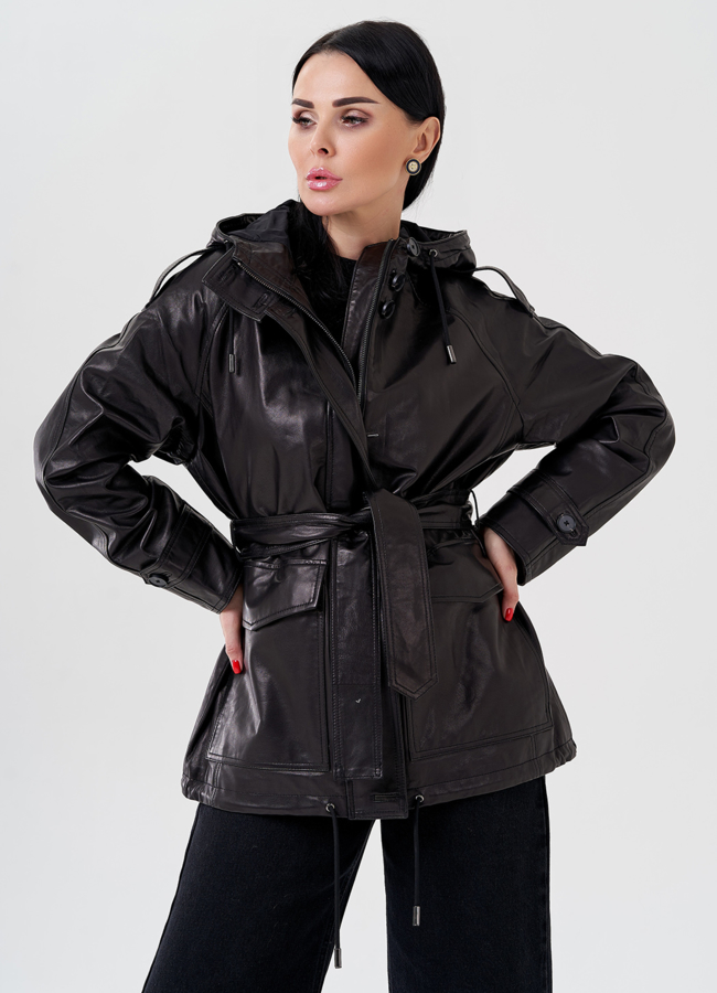 Женская куртка из натуральной кожи с капюшоном  модель № 24090 универмаг малина