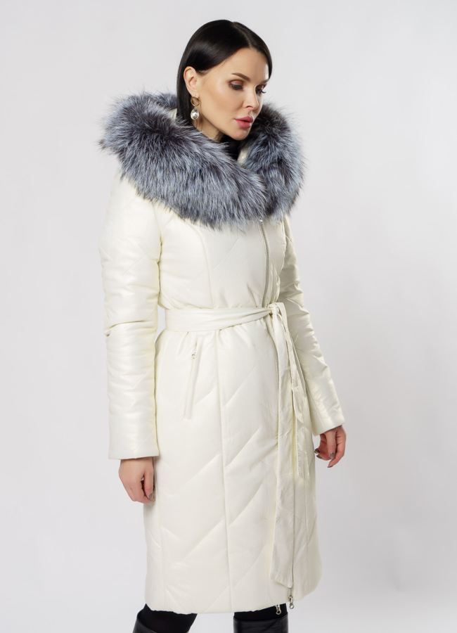 Пуховик из эко кожи на молнии с капюшоном модель № 19345 универмаг малина