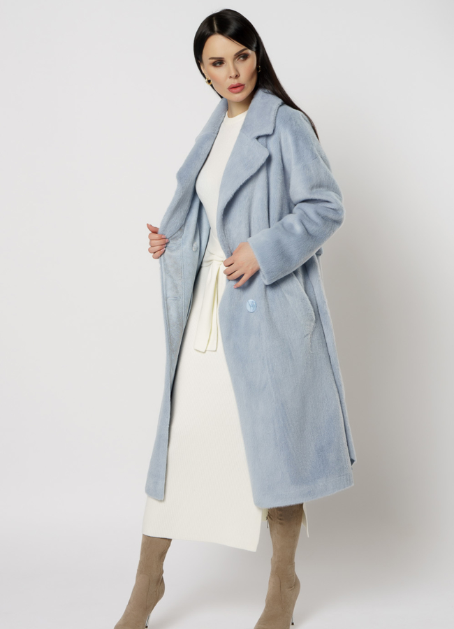 Двубортное пальто голубого цвета модель № 20744 универмаг малина